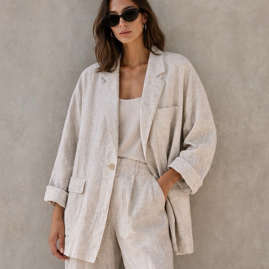 Zara Oversized Long Blazer S Linen Blend Textured Lagenlook Minimalist Oatmeal